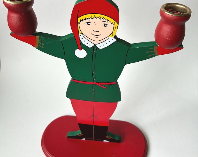 Swedish Wooden Two Arm Candle Holder. Boy in a Red Hat and Green Colour Jacket. Hand Made in Sweden. Scandinavian Vintage Home Decor.