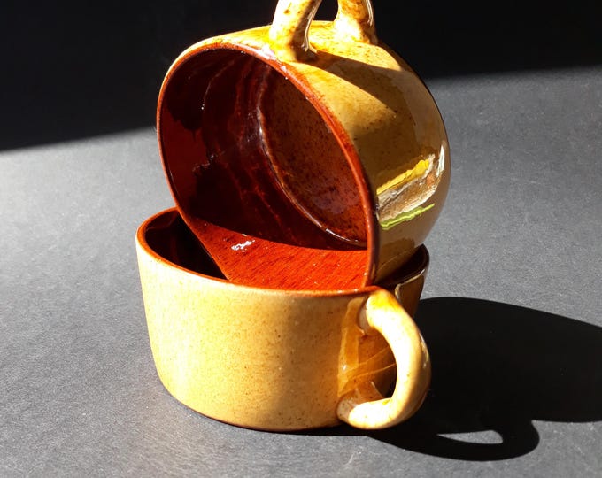 Set of 2 Vintage Ceramic Nittsjo Sweden Mugs. Yellow Brown Colour Glaze. Crazing. Marked. Good Volume. Vintage Swedish Pottery.