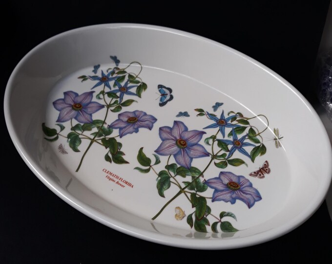 Large 14.56" Vintage Portmeirion England Fully Vitrified Oval Quiche, Flan, Tart Baking Dish. Clematis Florida Pattern. Oven to Table.