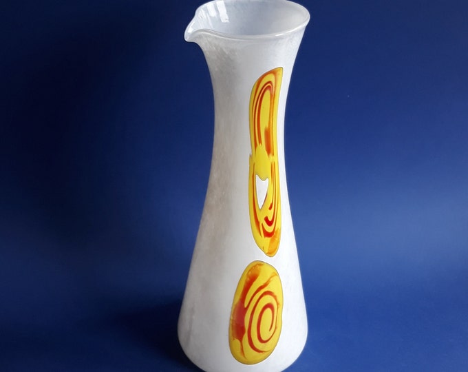 Glodheta Sweden. White Art Glass Carafe,  Vase with Beautiful Sleek Lines and Bright Colour Accents on the Side. Swedish Design Home Decor.