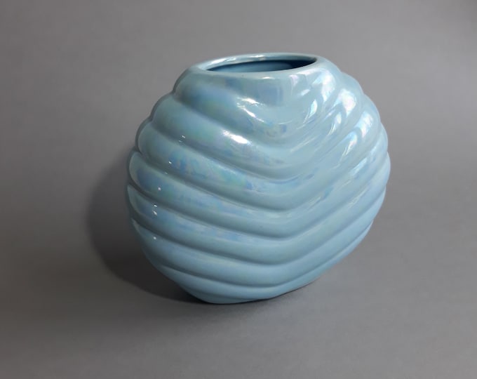 Vintage Luster Vase from Sweden. Beautiful Shine that has many Shades of Blue and Pink. Ribbed Body. Retro Home Decor from 70s or 80s.