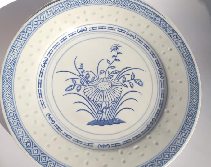 10" Dragon Jingdezhen Vintage Plate. Chinese Rice Eyes Blue White Plate. Hand Made Rice Grain Lotus Flower Pattern Dinner Plate.