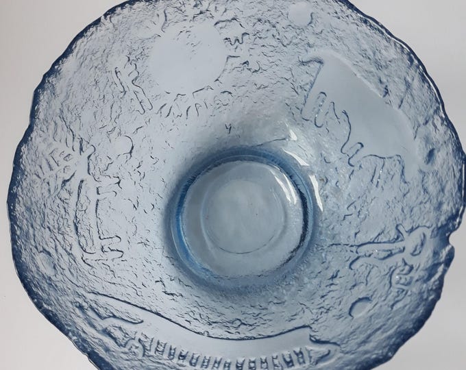 Beautiful Vintage Scandinavian Ice Textured Glass Fruit Bowl with Viking Motifs. Slight Blue Tone. Good Size. Fantastic Nordic Design.