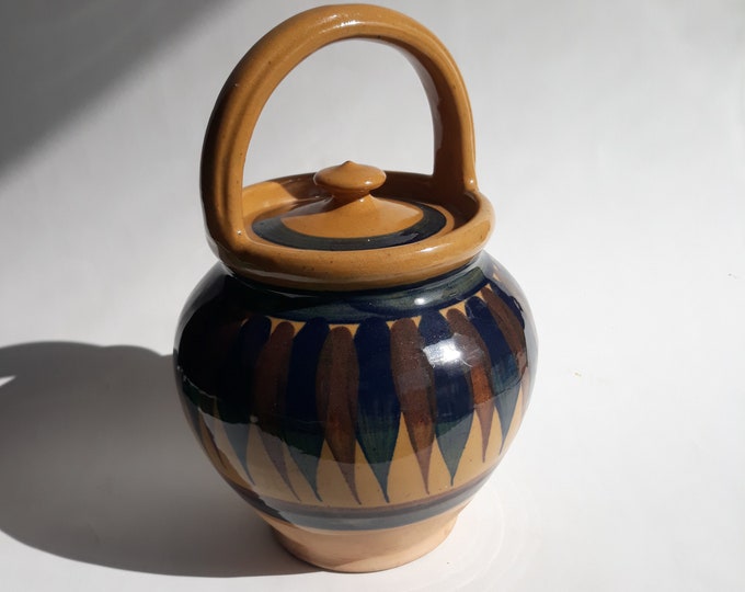 Lillerød Keramik Denmark. Mid Century Ceramic Bowl with Lid and Handle. Hand Painted. Shinny glaze. Iconic Pattern. Vintage Danish Pottery.