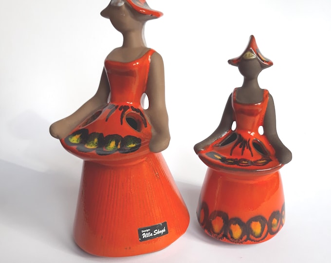 Set of 2 Jie Gantofta Sweden Girl with an Apron. Ceramic Figurine. Designe by Ulla Skogh.  Bright Colours. Vintage Swedish Home Decor.