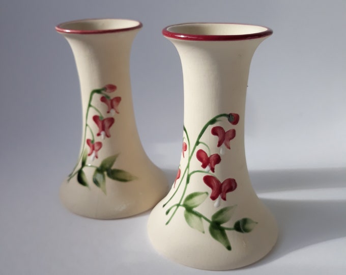 A Pair of Hoganas Sweden Candlestick Holders. Stoneware. Beautifully Hand Painted. Floral Motive. Marked. Lovely Swedish Home Decoration.