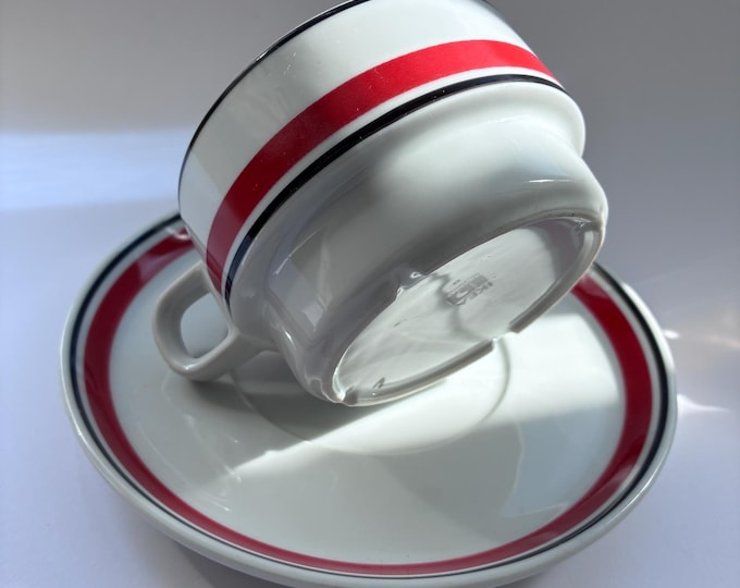 Vintage Ikea Accenten Tea Coffee Cup and Saucer. Heavy and sturdy. Scandinavian Modern 1970 s. Red Retro Stripes. Made in Portugal for Ikea.