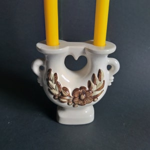Rosa Ljung Sweden Ceramic Double Candle Holder in Ecru Colour With Brown Flower Relief Decoration. Vintage Scandinavian Pottery. Home Decor.