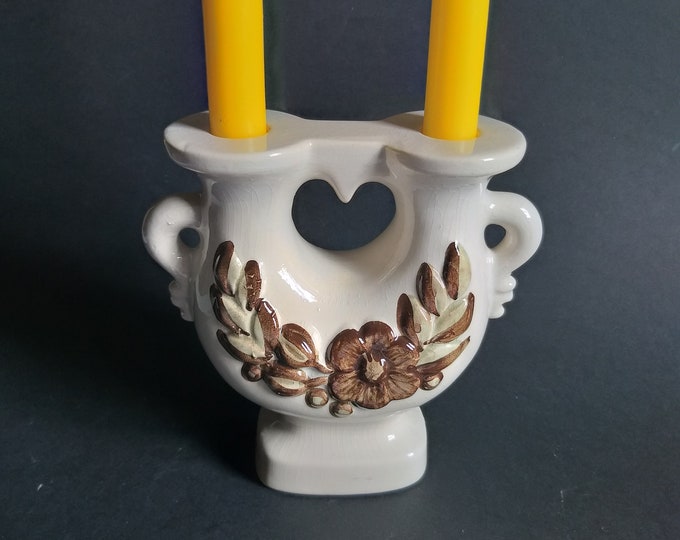 Rosa Ljung Sweden Ceramic Double Candle Holder in Ecru Colour With Brown Flower Relief Decoration. Vintage Scandinavian Pottery. Home Decor.