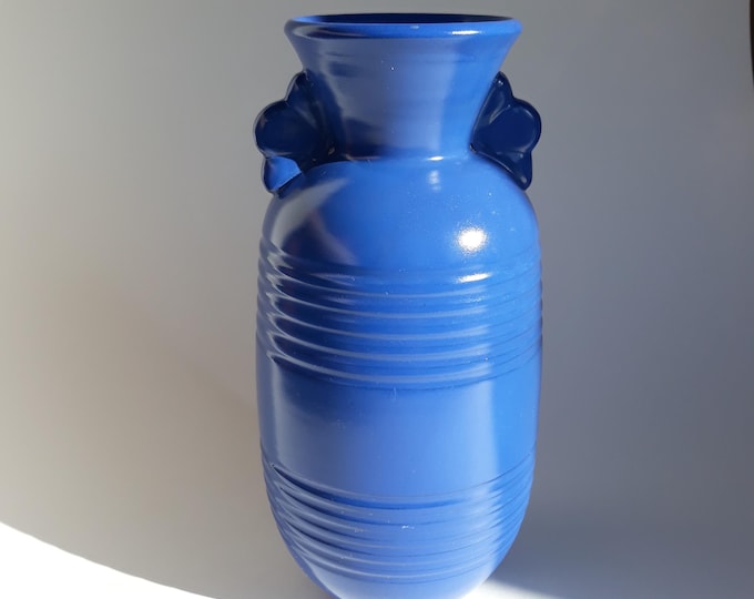 Lovely Vintage Gabriel Sweden Ceramic Vase in Art Deco Style. Design by Burmeister. Blue Glaze. Scandinavian Art Pottery Signed.