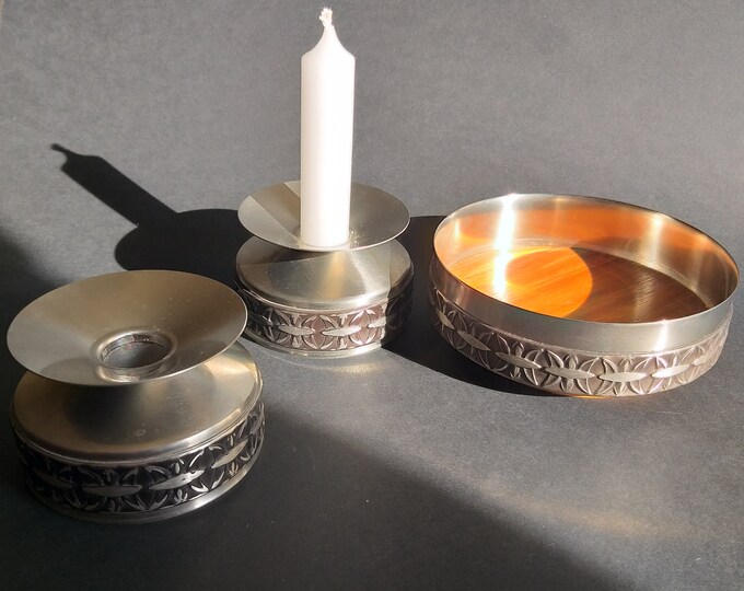 Set of Vintage Cerme TCO Sweden Small Dish / Bowl and Two Candleholders made of Teak, Stainless. Mid Century Modern. Scandinavian Metal Art.