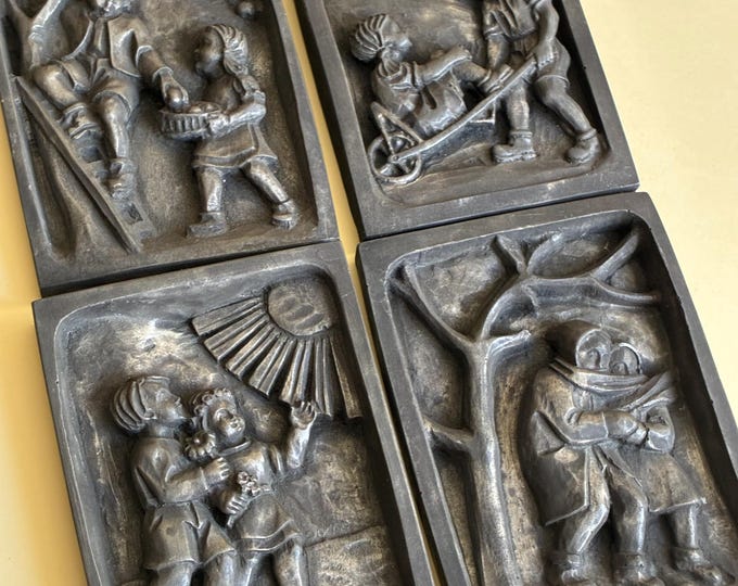 Set of 4 Vintage Zinn Relief Germany. Pewter Wall Relief. Hand made. Children. Wall Art. Hanging Plaque. Original stickers.