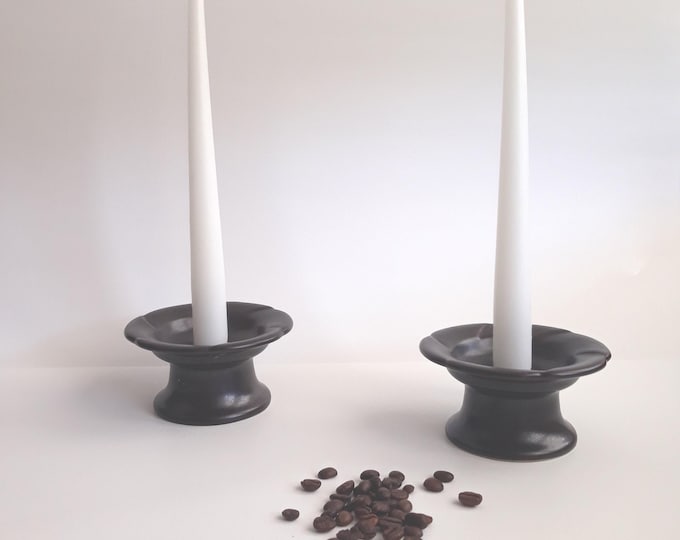 Hoganas Keramik Sweden. Pair of  Stoneware Candlestick Holders. Lovely Dark Coffee Bean Colour. Stamped on Bottom. Swedish Vintage Pottery.