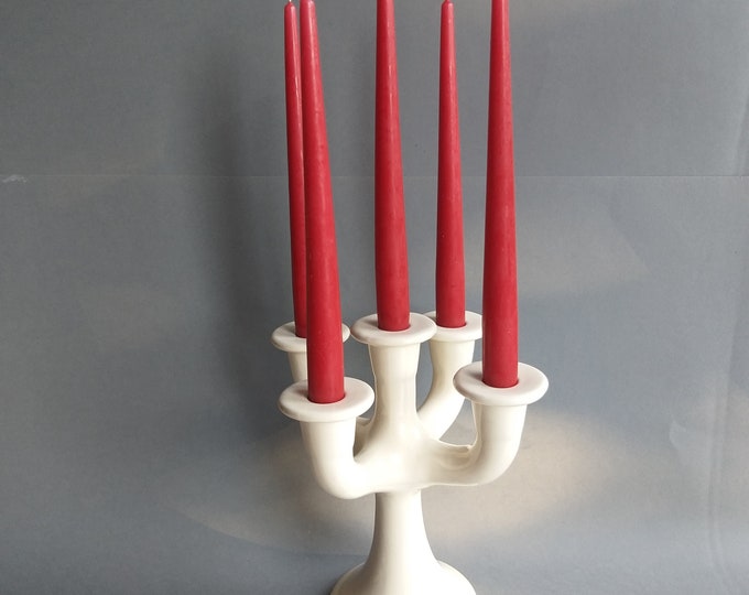Guldkroken Hjo Sweden. Large White Glossy Glazed Five Arm Candelabra/ Candle Holder. Design Märta Grunditz. Vintage Scandinavian Pottery.