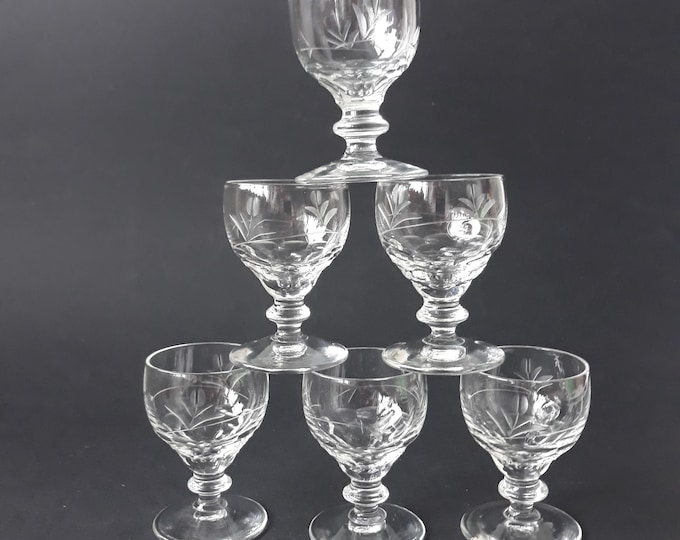 Set of 6 Vintage Swedish Liqueur Glasses. Beautiful Plant Pattern Etching. Swedish Retro Drinkware, Barware.