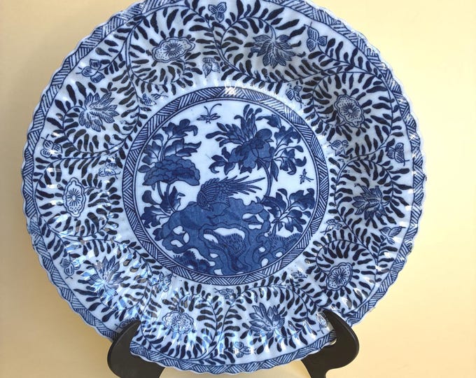 Dutch Mosa Maastricht 1890-1920 Chinoiserie Collection. Blue and White Porcelain. Phoenix surrounded by Peonies. Wall Plate. Marked.