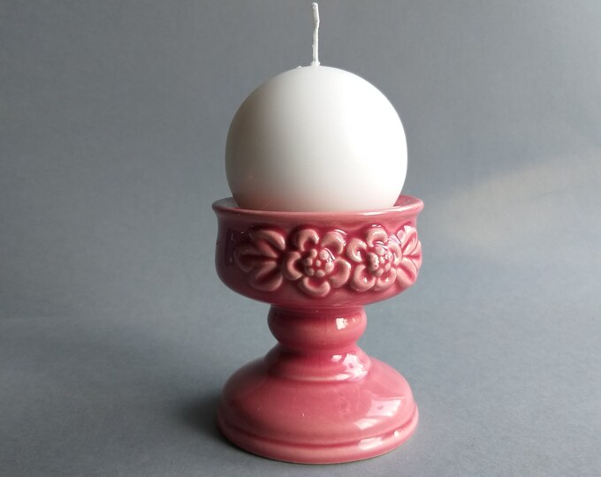 Guldkroken Sweden. Ceramic Rose Colour Candle Holder with Flower Relief. Good for Thick Candles. Swedish Vintage Romantic Candle Holder.