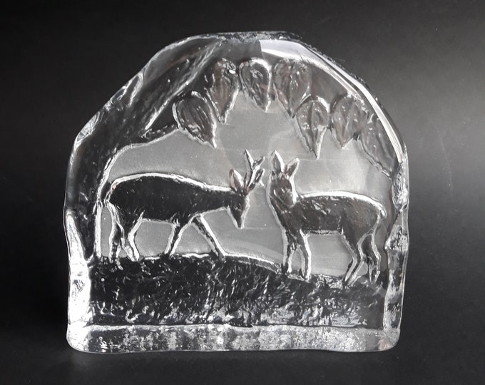Eda Kristall Nya Glasbruket Sweden Crystal Glass Paperweight  Sun Catcher with Buck and Doe under the Tree. Scandinavian Vintage Glass.