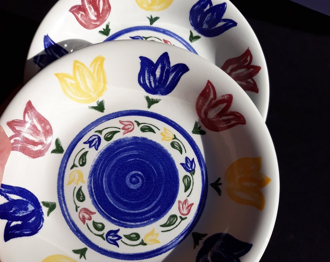 Pair of Vintage John Tams Ceramic Cereal Bowls Soup Plates in Stylized Floral Tulip Pattern. Happy Colours. Made in England. Marked. Nice.