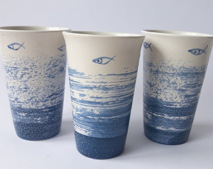 Set of 3 Vintage Danish Jørn Keramik Studio Pottery Stoneware Cups.  Coffee Tea Juice Cups. Scandinavian Design. Hand Painted Fish Decor.