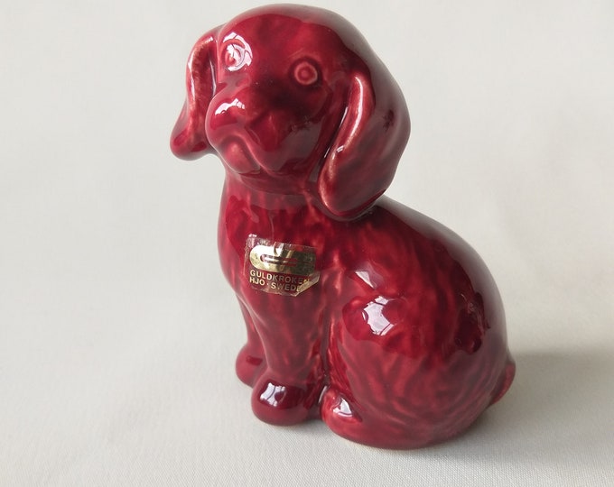 Guldkroken HJO Sweden Ceramic Dog Puppy Figurine in Red Glaze. Original Label. Swedish Vintage Pottery. Retro Home Decor. Collectable.