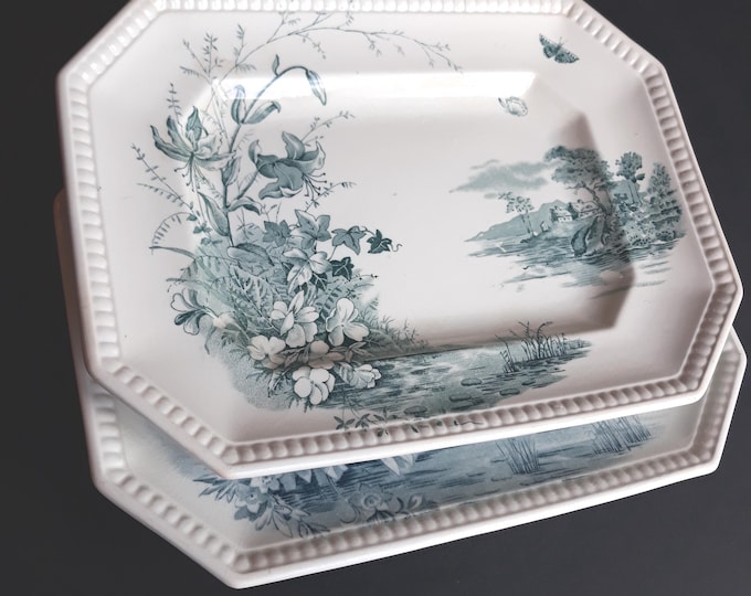 Set of 2 Gustavsberg Sweden serving Dishes. Pattern Lilium (1890-1910). Floral Pattern Green Transfer. Marked. Antique Swedish Tableware.