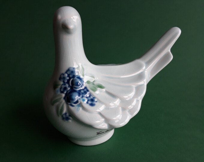 Rosa Ljung Deko Keramik Helsingborg Sweden. Beautiful Light Green Colour Ceramic Pigeon with Blue Flower Relief Pattern. Vintage Home Decor.