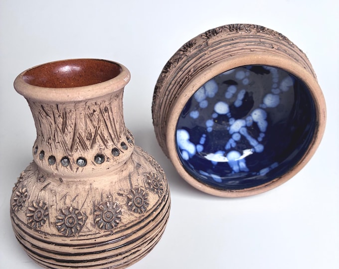 One Set of 2 Keramik Olle Gränna Sweden Small Ceramic Vase and Small Bowl. Olof Georg Hermansson. Vintage Swedish Pottery. Earthenware 60s.
