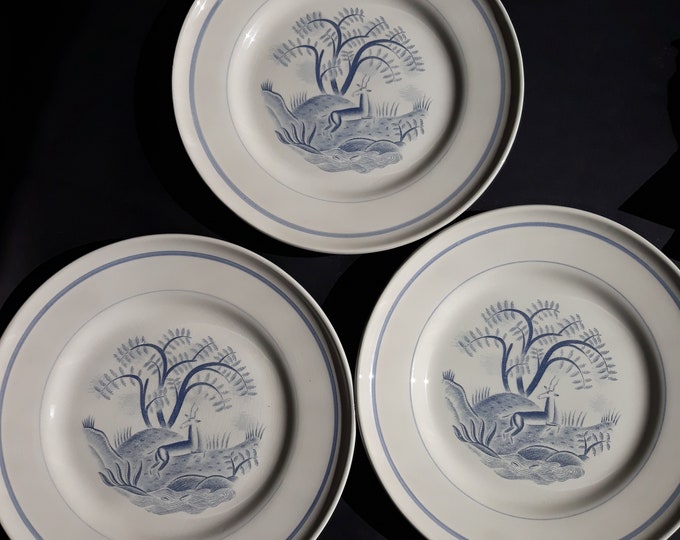 Gefle Sweden. Set of 3 Antique Porcelain 24.5 cm Plates, Pattern Tibet Produced 1933 - 1943. Center Scene with Gazelle. Design Arthur Percy.