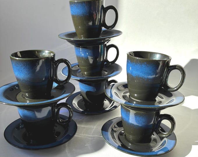 One Set of 7 Ceramic Cups and Saucers of the Coolest Moka Espresso Set. Nordic Colour Tones. Stylish Oval Saucers.