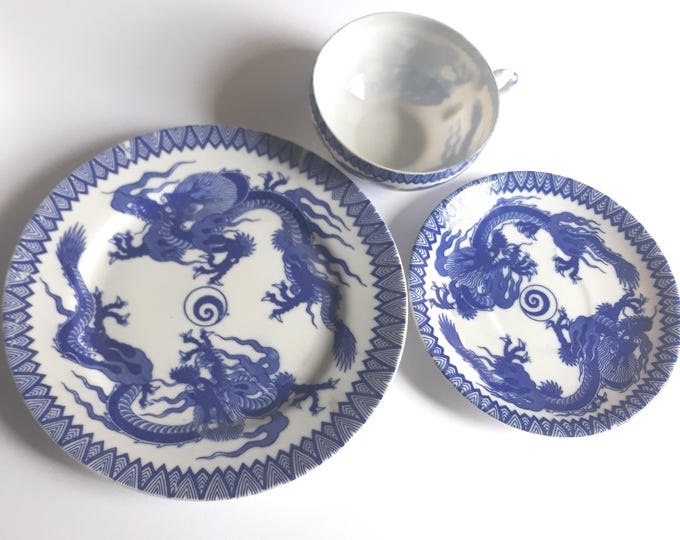 One Trio Set. Oriental Porcelain Tea Cup, Saucer, Desert Plate. Dragon Pattern. Transfer Blue, White Eggshell Porcelain Cup. Delicate china.
