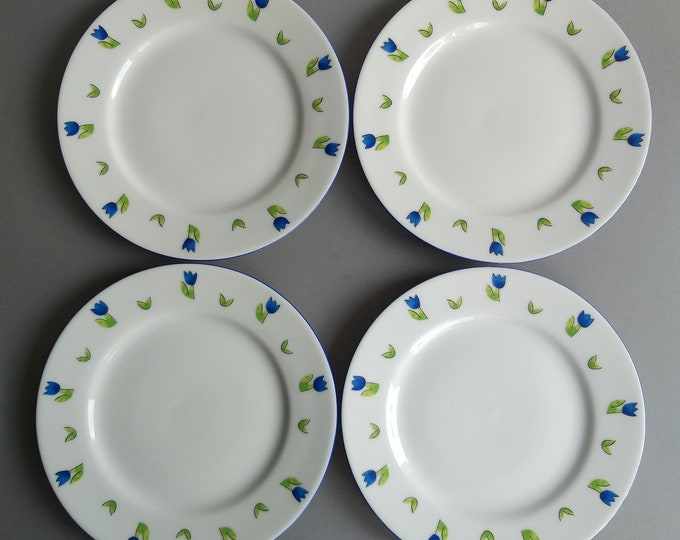M Design Mariehult Sweden. Set of Four Vintage Blue Tulip Side Plates. Great Addition to Your Collection. Good Vintage Condition. Rare Find.