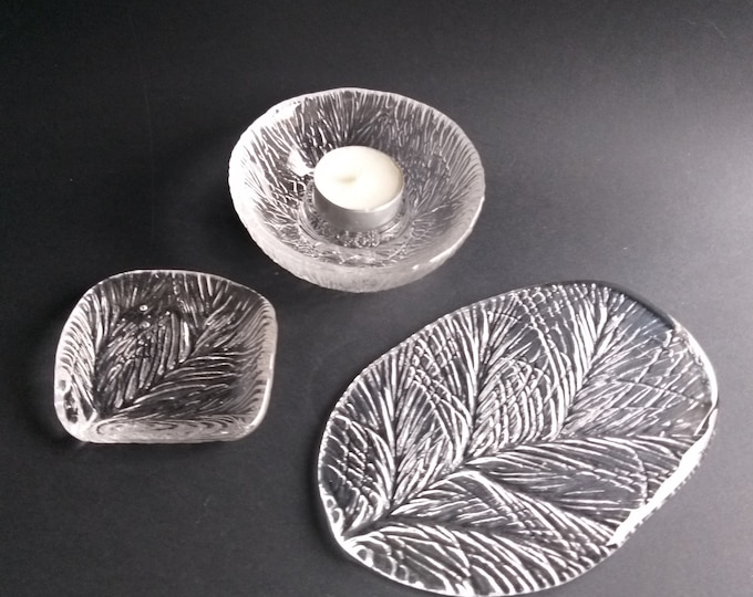 Vintage Hadeland Glassverk Norway Clear Textured Crystal Glass Candle Holder, Ring Dish, Coaster in Furu, Pine Pattern. Scandinavian Design