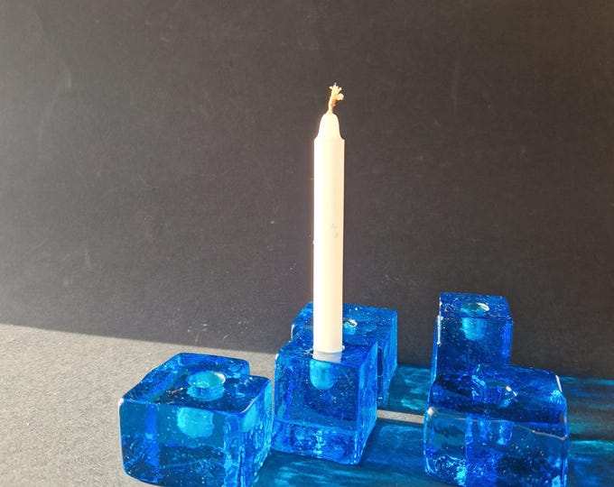 Konst Glashyttan Urshult Sweden Five Blue Crystal Glass Figural Candle Holders for Thin Candles. Original Sticker. Vintage Swedish Glass.
