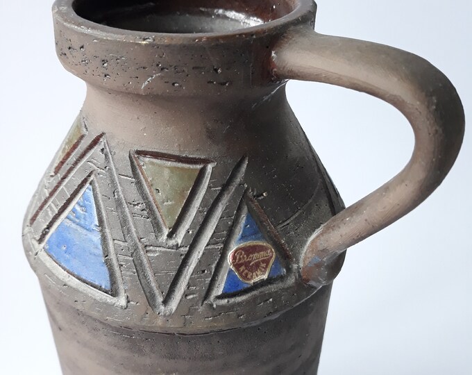 Vintage Pearsons of Chesterfield England Stoneware Jug Vase in Textured  Matte Brown Blue Tones. Restrained Design Geometric Pattern. Marked