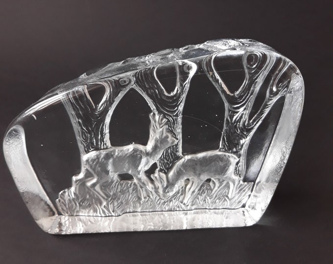 Sea Kosta Sweden Crystal Glass Paperweight Sun Catcher with Buck and Doe under the Trees. Scandinavian Vintage Glass.