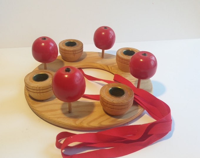 Vintage Swedish Wood Hanging Candlestick for Four Candles. Red Decoration. Metal Inserts. Scandinavian Design in Rustic Style.