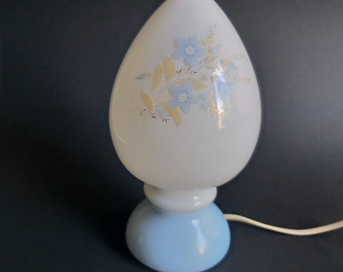 Vintage Glass Egg Mushroom Lamp with Floral Decor in White Blue Colour. Retro Bedside Lamp. Table Lamp from Sweden. Lovely Home Decor.