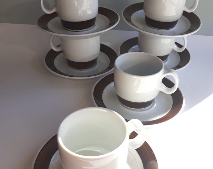 Porsgrund Norway. White Ceramic Coffee Espresso Cup and Saucer Decorated with Brown Line. Quality Scandinavian Minimalistic Style Design.