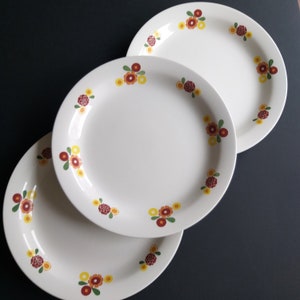 Pair of Vintage Rorstrand White Dinner Plates with Retro Floral Design. Happy Colour Palette. Marked on Bottom. Swedish Design Tableware.