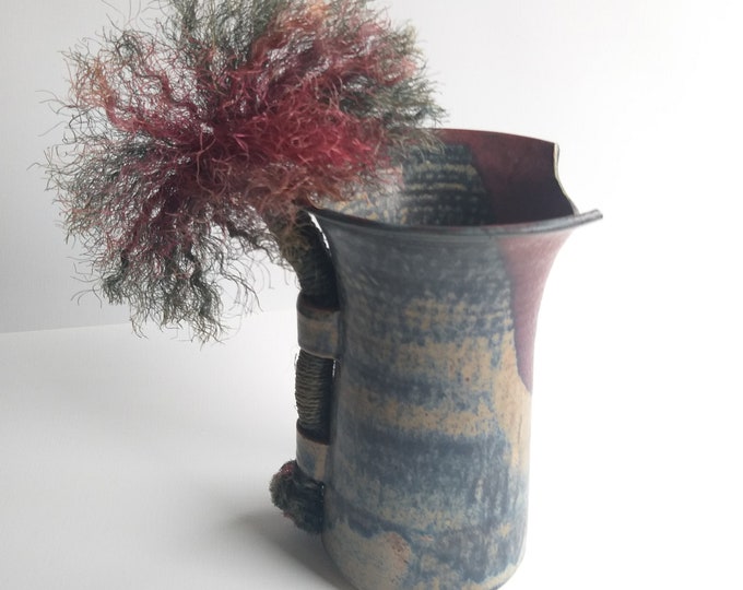 Swedish Studio Pottery. Interesting Stoneware Vase - Rhapsody. Sisal Fiber Decor on the Side. Marked On Bottom. Made in Sweden by Meta Larno