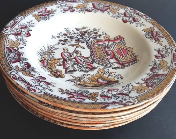 Set of 6 Gorgeous Gustavsberg Sweden Antique Soup Plates in Celestial Pattern. Bone China. Rare Antique Collectible Swedish Porcelain 1870s.