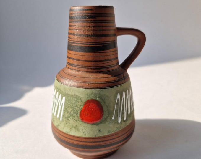 Vintage W. Germany Ceramic Vase. Brown, Green and Orange Colours. Amphora Shape. Marked. German Pottery.