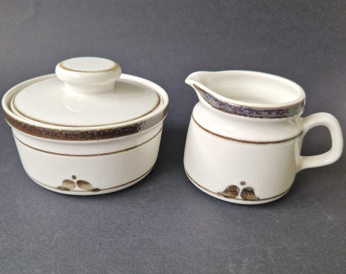 Rorstrand Sweden Sugar and Creamer in Pattern Nordica. Designed by Carl-Harry Stålhane. White Glaze with Brown Decor.