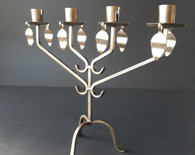 Fantastically Attractive Swedish Design Metal Advent Candlestick Holder on Legs.  Wooden Leaf Pendants. Scandinavian Vintage Home Decoration