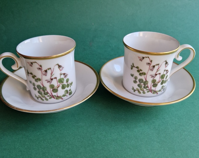 Pair of Swedish Landskapsblommor, Linnéa, Småland, Eschenbach, Bavaria, Germany Espresso Cups and Saucers. Gilded Edges. Vintage Tableware.