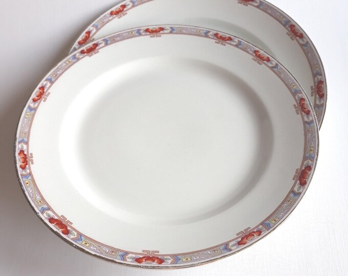 Set of 2 Opak Gustavsberg Sweden Antique Dinner Plates. Swedish Porcelain in Art Noveau Style. Nicely Decorated Rim. More than 100 Years Old