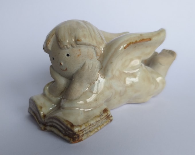 Studio Pottery Ceramic Angel, Cupid thoughtfully reading a Book. Beige Glaze. Art Pottery. Lovely Home Decoration.