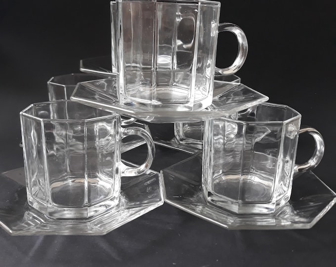 2 Sets of French Arcoroc Larger Octagonal Transparent Cups and Saucers. Art Deco revival Style. Made of Tampered Glass from 1980s.