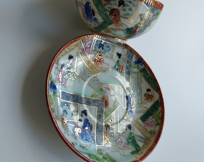 Vintage Japanese  Porcelain Teacup and Saucer Geisha Set. Eggshell Cup. Hand painted. Lots of Colours and Gold Lines. Made in Japan. Marked.